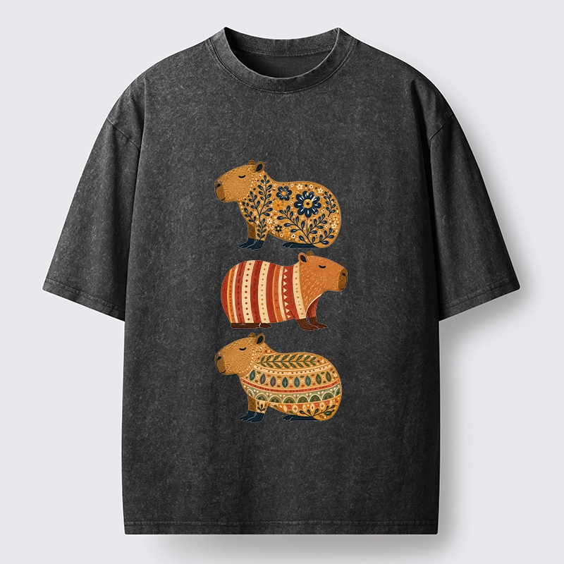 Tokyo-Tiger Folk Floral Striped Capybara Trio Print Washed T-Shirt