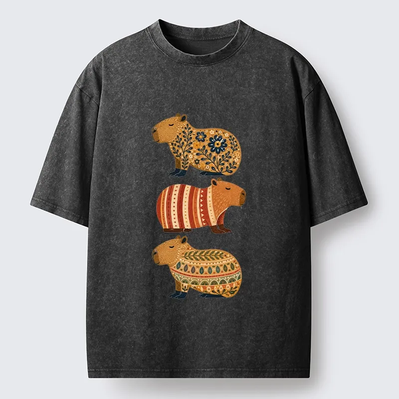 Tokyo-Tiger Folk Floral Striped Capybara Trio Print Washed T-Shirt Sale