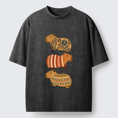 Tokyo-Tiger Folk Floral Striped Capybara Trio Print Washed T-Shirt