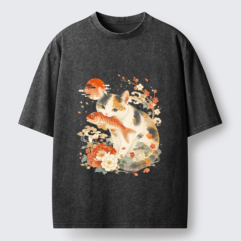 Tokyo-Tiger Traditional Japanese Cat Koi Bloom Art Washed T-Shirt