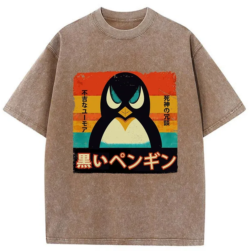 Tokyo-Tiger Black Funny Penguin Washed T-Shirt