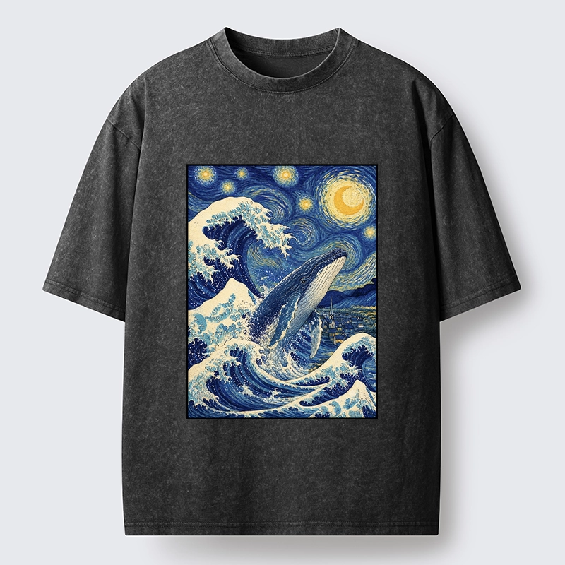 Tokyo-Tiger Starry Wave Whale Classic Art Mix Washed T-Shirt