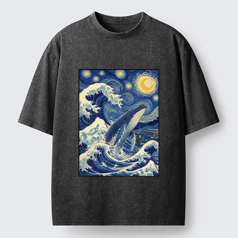 Tokyo-Tiger Starry Wave Whale Classic Art Mix Washed T-Shirt