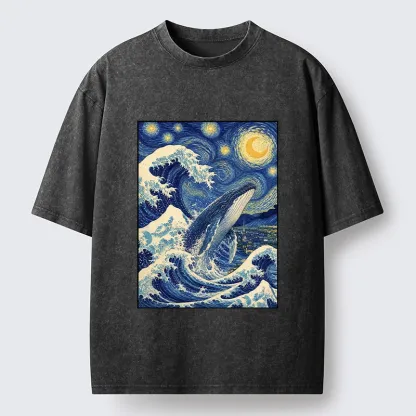 Tokyo-Tiger Starry Wave Whale Classic Art Mix Washed T-Shirt