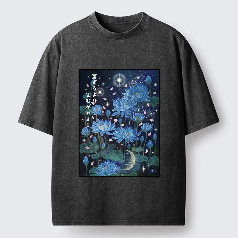 Tokyo-Tiger Night Lotus Star Soft Zen Graphic Washed T-Shirt