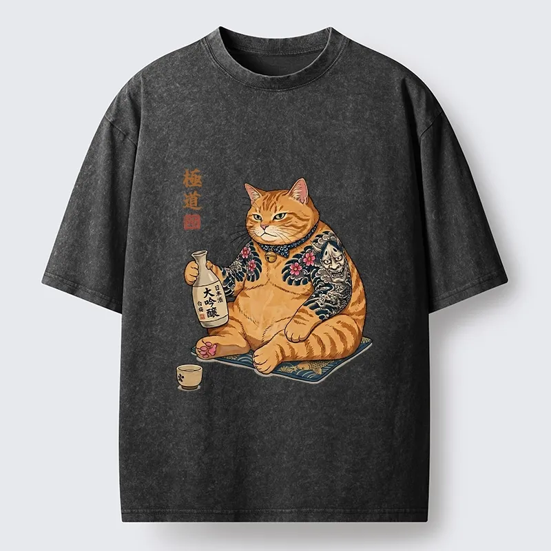 Tokyo-Tiger Traditional Japanese Cat Sake Tee Washed T-Shirt Sale