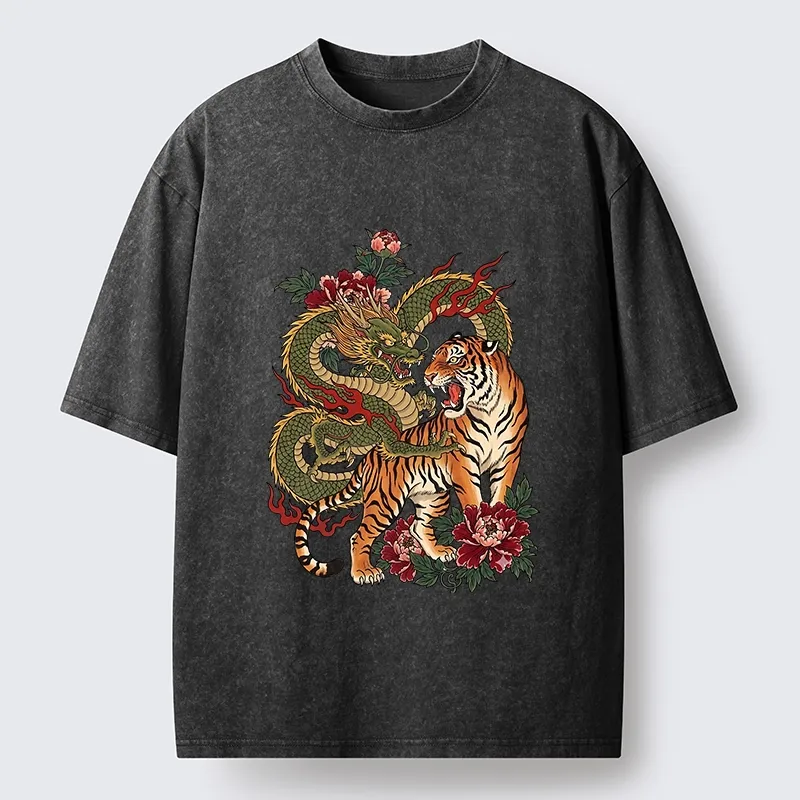 Tokyo-Tiger Vintage Asian Dragon Tiger Floral Vibe Washed T-Shirt