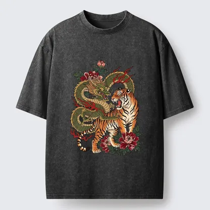 Tokyo-Tiger Vintage Asian Dragon Tiger Floral Vibe Washed T-Shirt