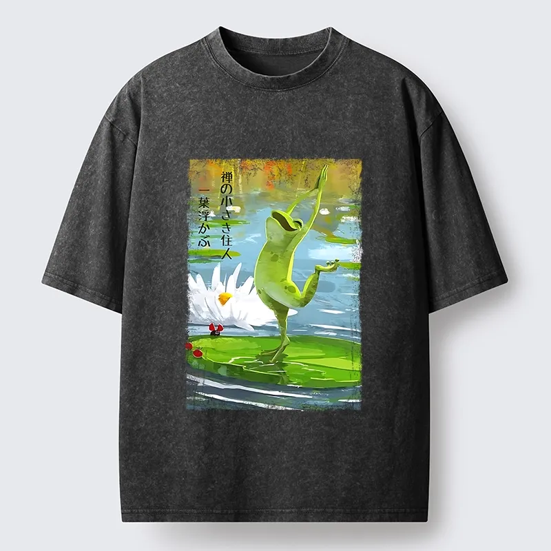 Tokyo-Tiger Yoga Frog Lotus Zen Funny Meme Washed T-Shirt Sale