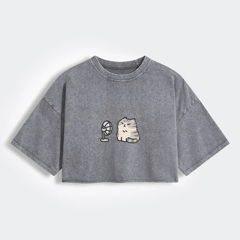 Tokyo-Tiger Summer Cat Chills With A Fan Women's Washed Crop T-Shirt