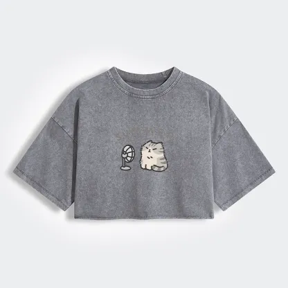 Tokyo-Tiger Summer Cat Chills With A Fan Women's Washed Crop T-Shirt