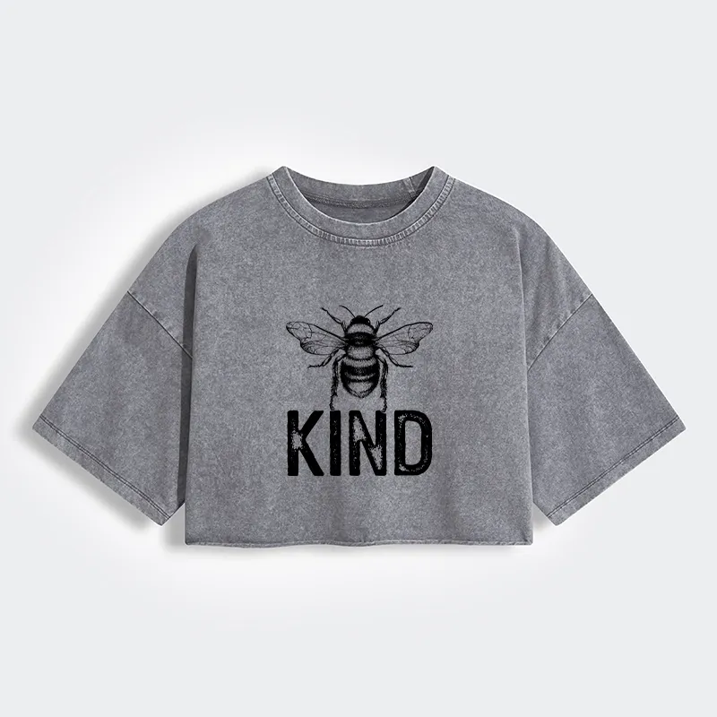 Tokyo-Tiger Minimalist Bee Kind Illustration Women's Washed Crop T-Shirt