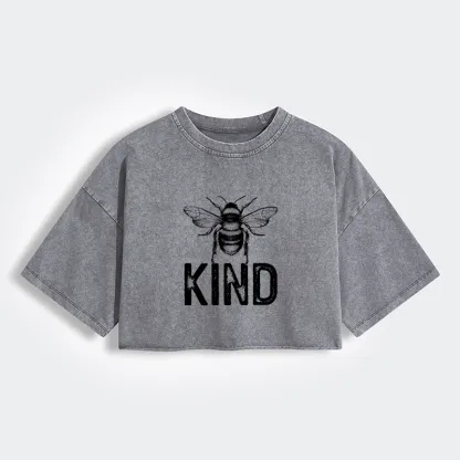 Tokyo-Tiger Minimalist Bee Kind Illustration Women's Washed Crop T-Shirt