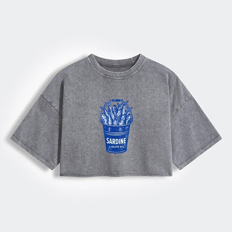 Tokyo-Tiger Vintage Bucket Full Of Fresh Sardines Women's Washed Crop T-Shirt