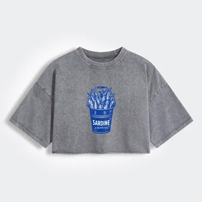Tokyo-Tiger Vintage Bucket Full Of Fresh Sardines Women's Washed Crop T-Shirt