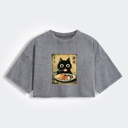 Tokyo-Tiger Vintage Japanese Sushi Cat Women's Washed Crop T-Shirt
