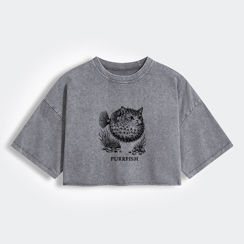 Tokyo-Tiger Spiky Puffer With Cute Cat Head Women's Washed Crop T-Shirt
