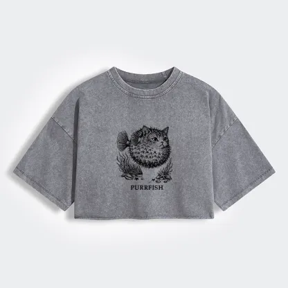 Tokyo-Tiger Spiky Puffer With Cute Cat Head Women's Washed Crop T-Shirt