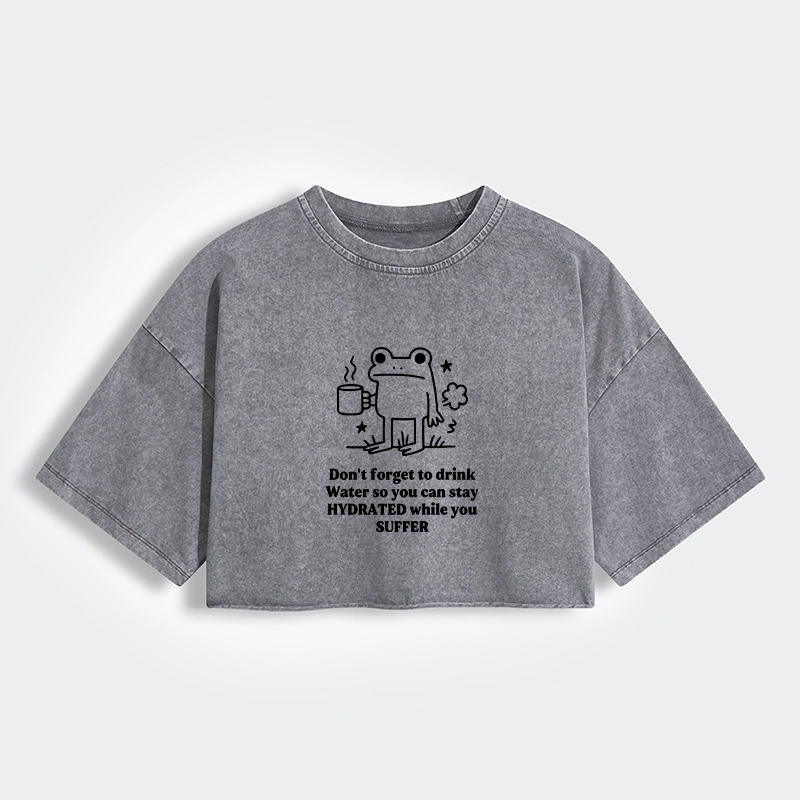 Tokyo-Tiger Frog Says Drink Water Women's Washed Crop T-Shirt