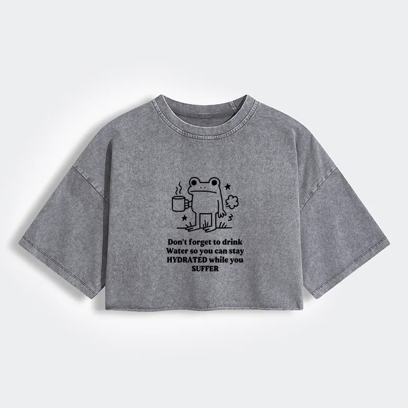 Tokyo-Tiger Frog Says Drink Water Women's Washed Crop T-Shirt