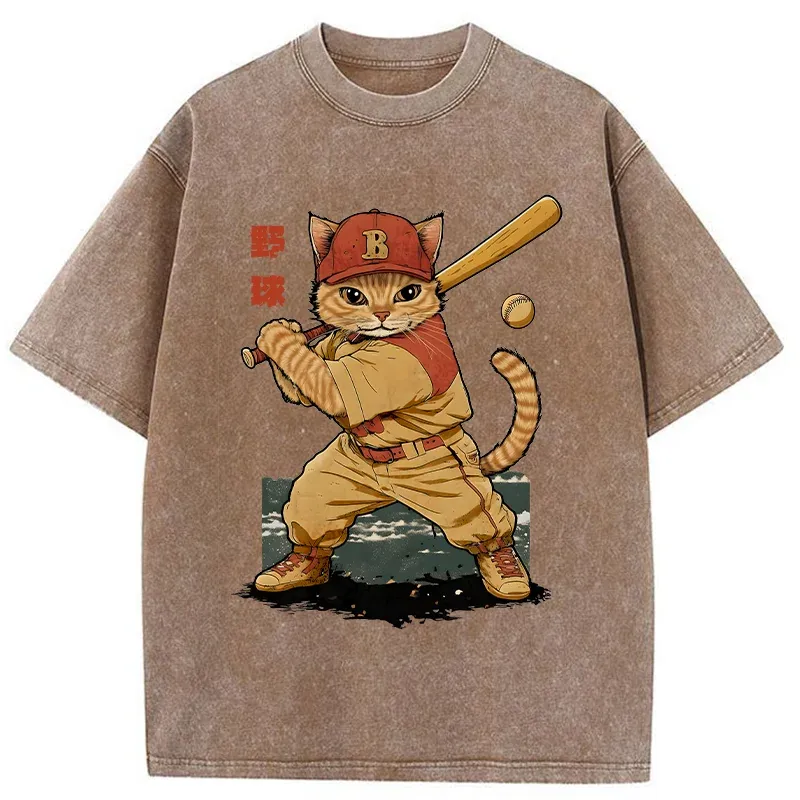Tokyo-Tiger Baseball Cat Player Washed T-Shirt