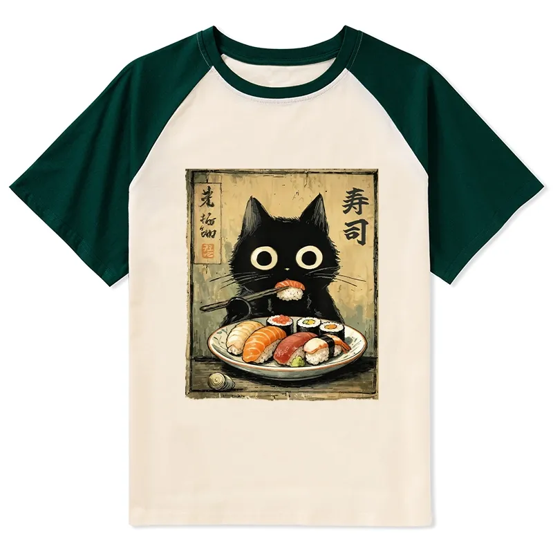Tokyo-Tiger Vintage Japanese Sushi Cat Raglan T-shirt