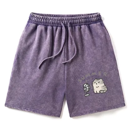 Tokyo-Tiger Summer Cat Chills With A Fan Washed Shorts