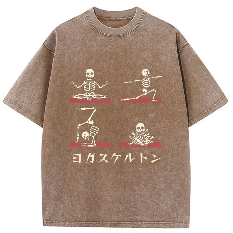 Tokyo-Tiger Skeleton Doing Yoga Washed T-Shirt
