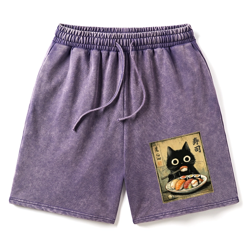 Tokyo-Tiger Vintage Japanese Sushi Cat Washed Shorts