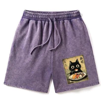 Tokyo-Tiger Vintage Japanese Sushi Cat Washed Shorts