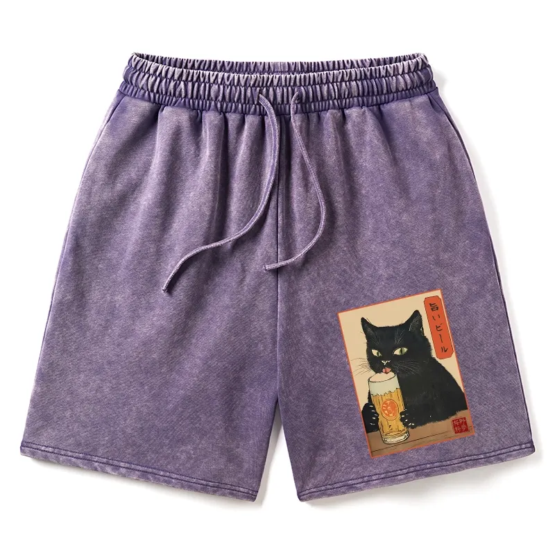 Tokyo-Tiger Cat Holding A Glass Of Beer Washed Shorts