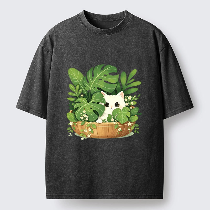 Tokyo-Tiger Sweet White Cat Green Plant Vibe Washed T-Shirt