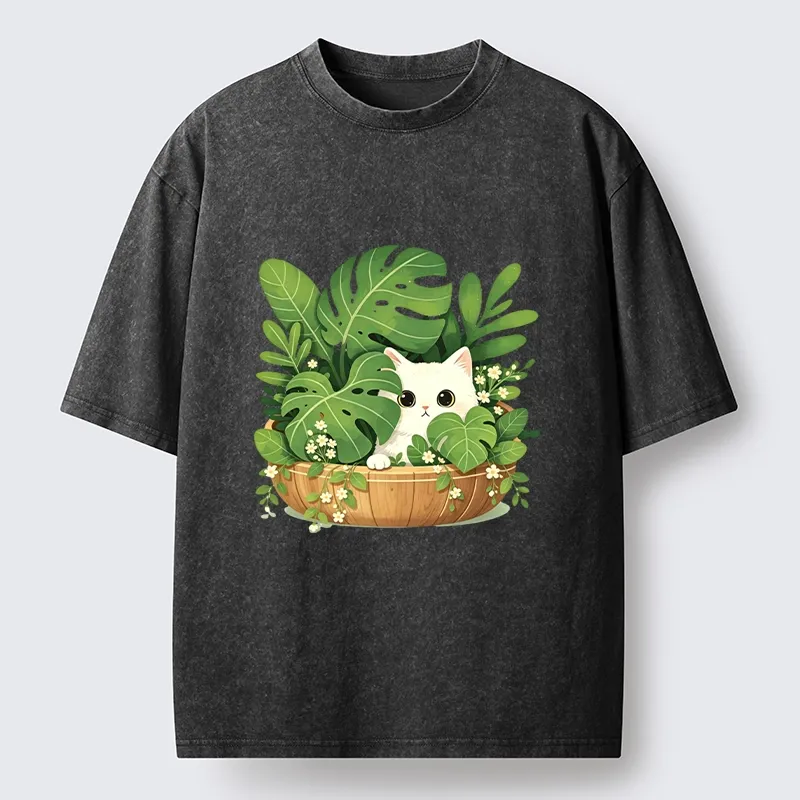 Tokyo-Tiger Sweet White Cat Green Plant Vibe Washed T-Shirt