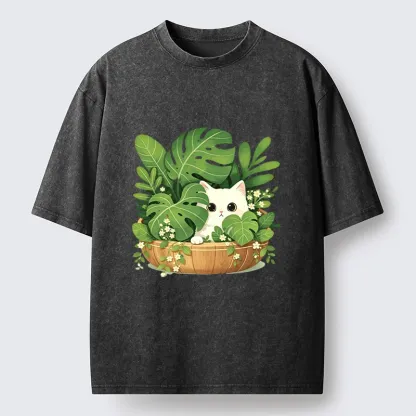 Tokyo-Tiger Sweet White Cat Green Plant Vibe Washed T-Shirt