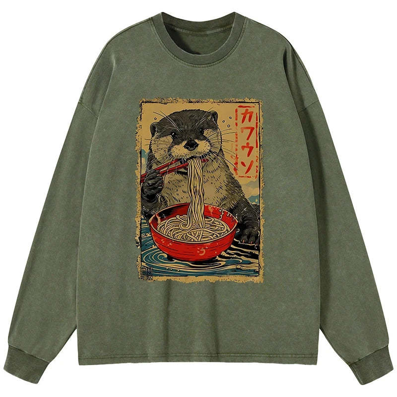 Tokyo-Tiger Otter Eating Ramen Japan Washed Long Sleeve T-Shirt