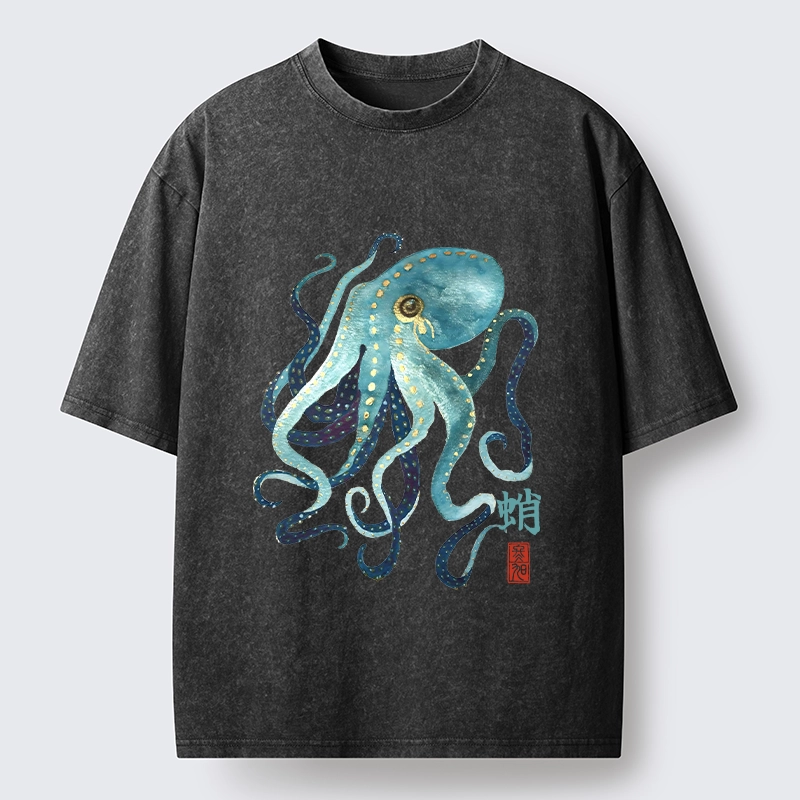 Tokyo-Tiger Soft Watercolor Octopus Japanese Art Washed T-Shirt