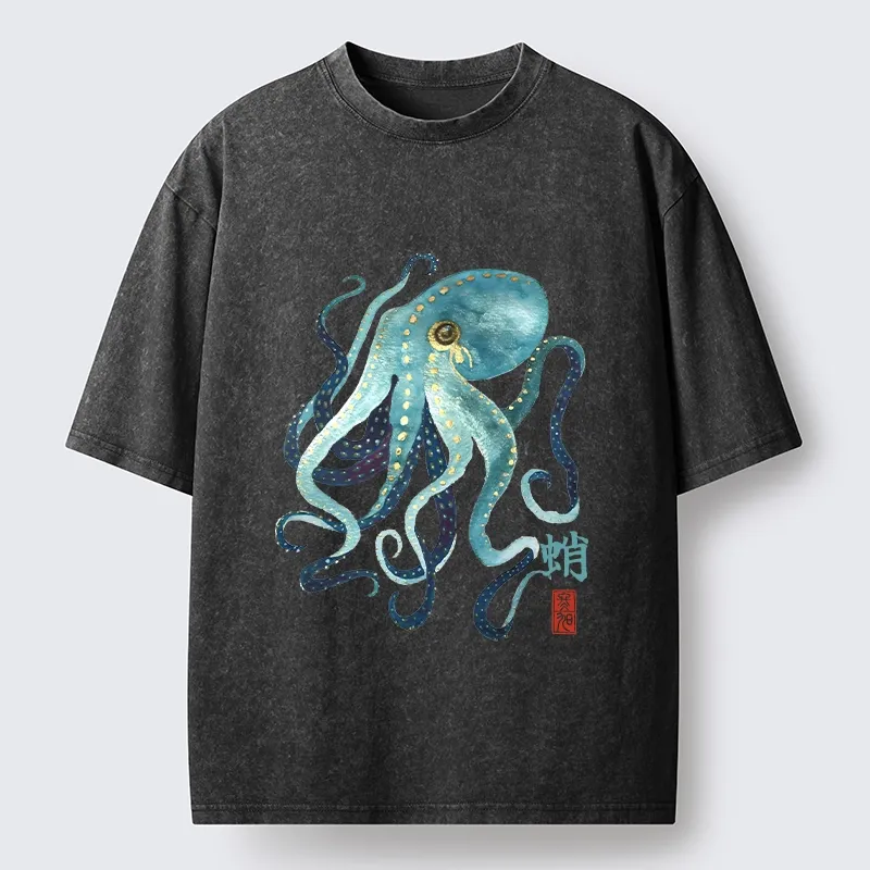 Tokyo-Tiger Soft Watercolor Octopus Japanese Art Washed T-Shirt