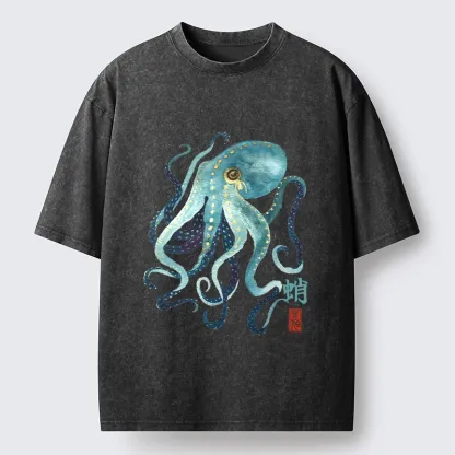 Tokyo-Tiger Soft Watercolor Octopus Japanese Art Washed T-Shirt