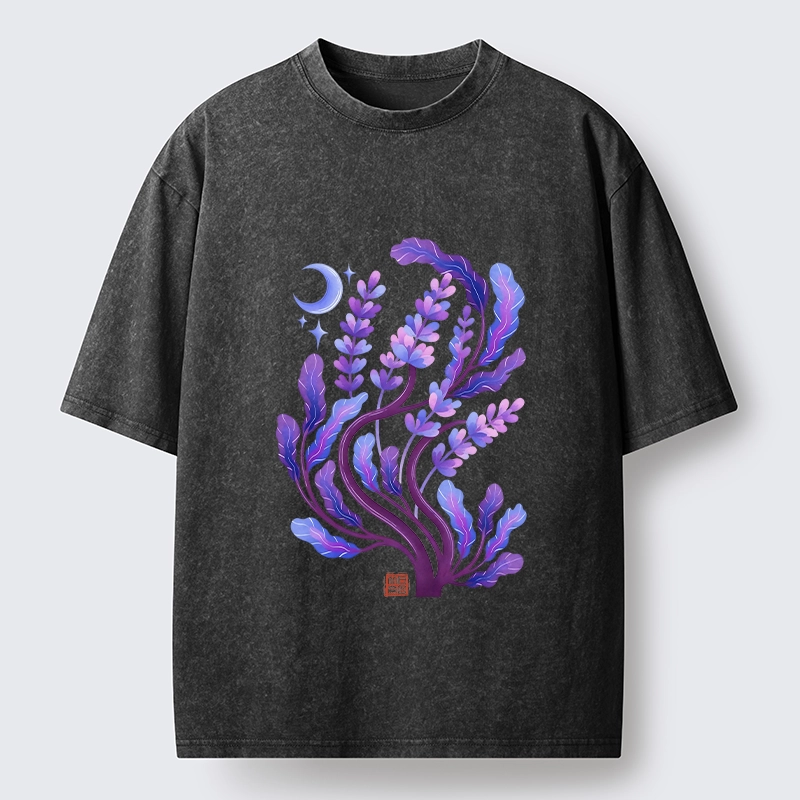 Tokyo-Tiger Peaceful Purple Floral Night Art Washed T-Shirt