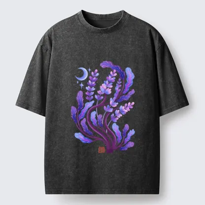 Tokyo-Tiger Peaceful Purple Floral Night Art Washed T-Shirt