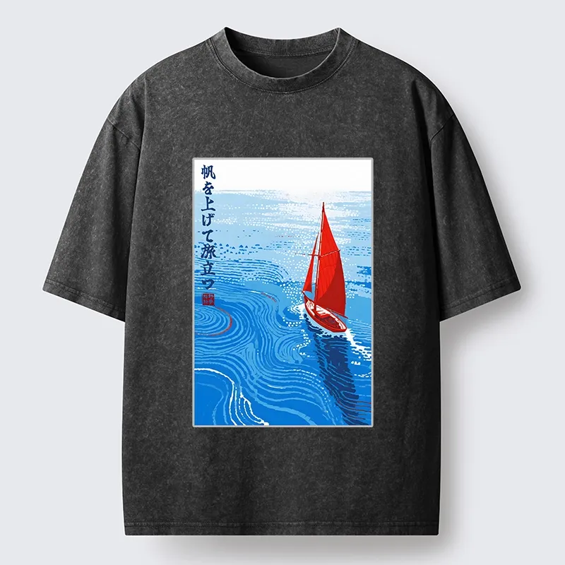 Tokyo-Tiger Bright Blue Sea Sail Journey Art Washed T-Shirt Sale