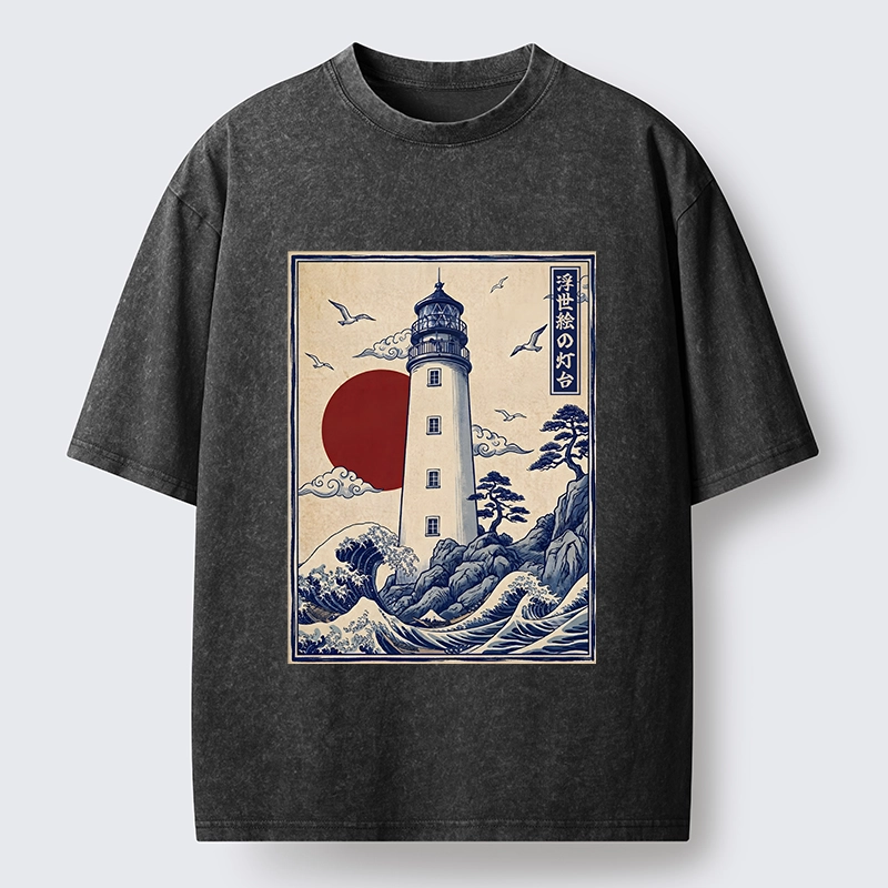 Tokyo-Tiger Classic Wave Lighthouse Sunrise Print Washed T-Shirt