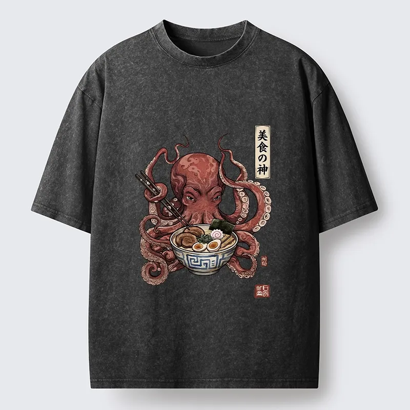 Tokyo-Tiger Octopus Ramen Food Meme Washed T-Shirt