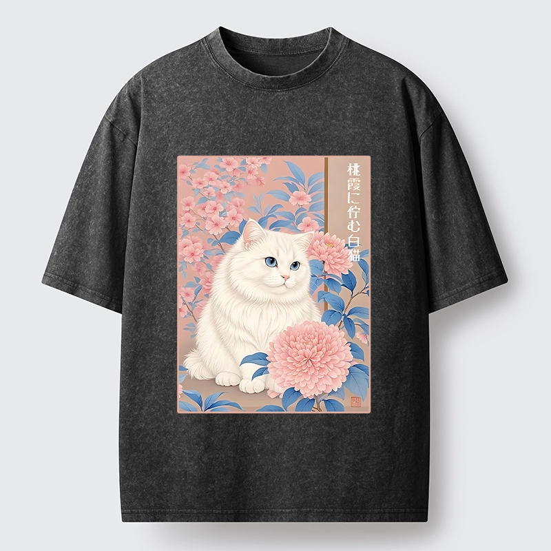 Tokyo-Tiger White Cat Pink Blossom Soft Art Washed T-Shirt