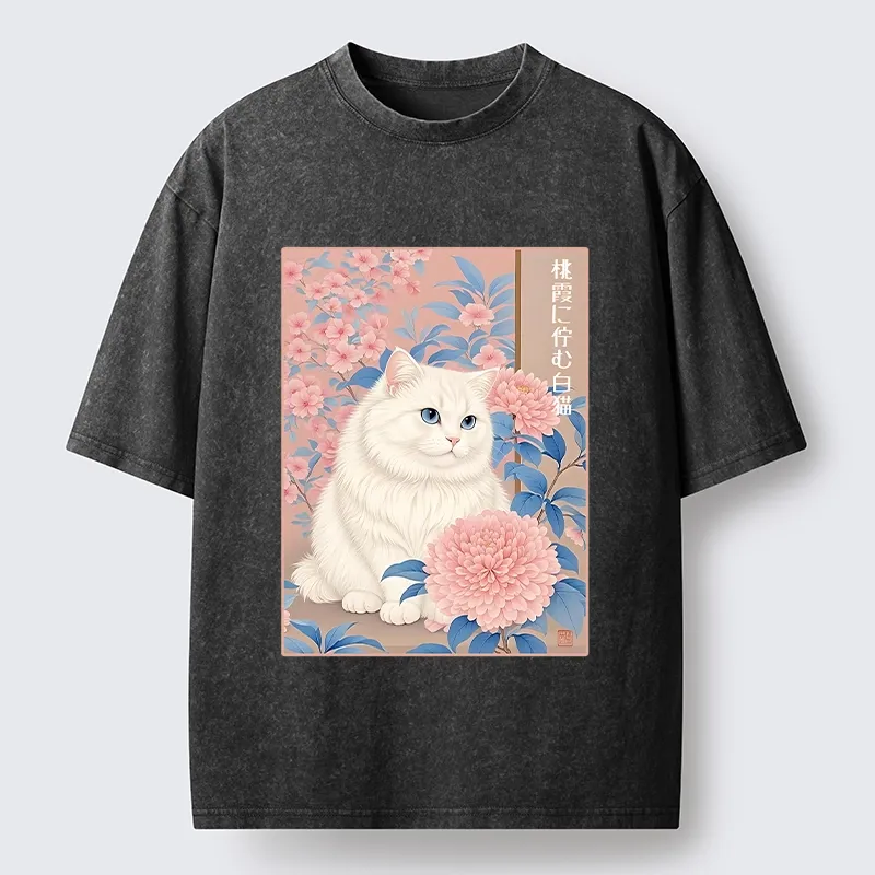 Tokyo-Tiger White Cat Pink Blossom Soft Art Washed T-Shirt