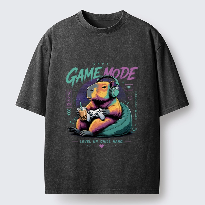 Tokyo-Tiger Cozy Capybara Play Video Games Washed T-Shirt