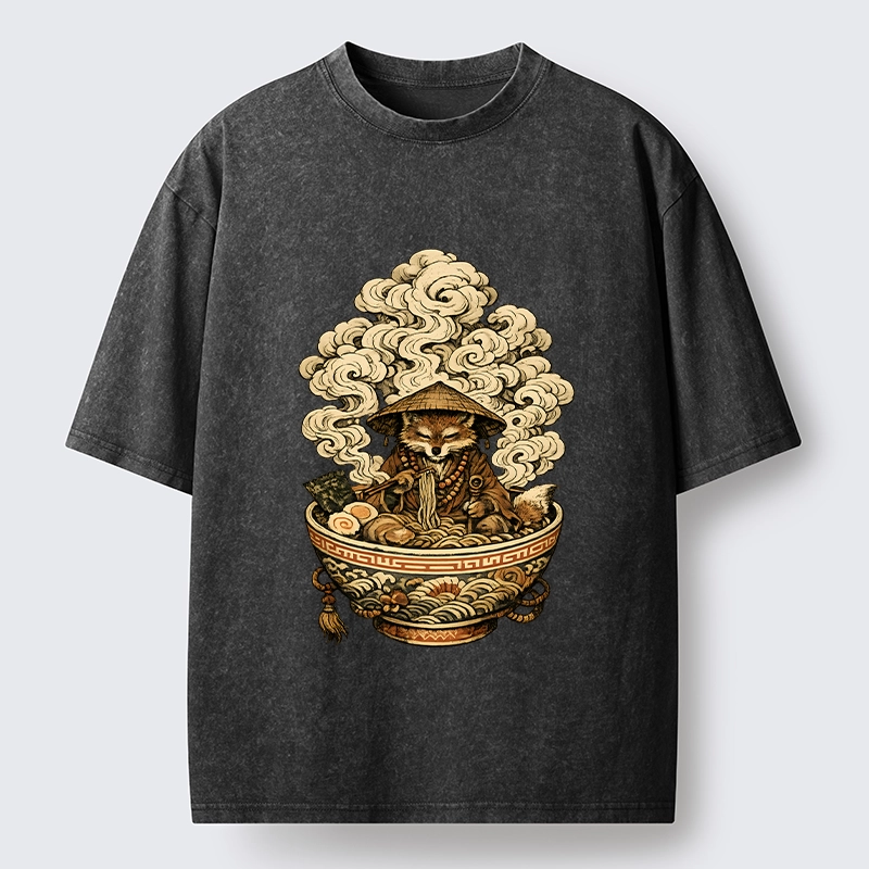Tokyo-Tiger Zen Fox Eat Warm Ramen Washed T-Shirt