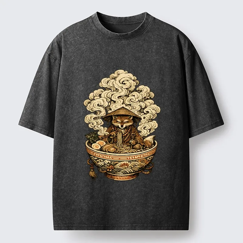 Tokyo-Tiger Zen Fox Eat Warm Ramen Washed T-Shirt