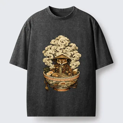 Tokyo-Tiger Zen Fox Eat Warm Ramen Washed T-Shirt