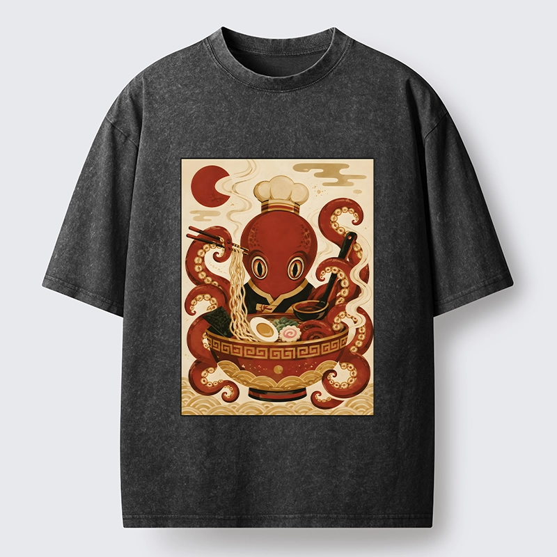 Tokyo-Tiger Red Octopus Master Noodle Maker Washed T-Shirt